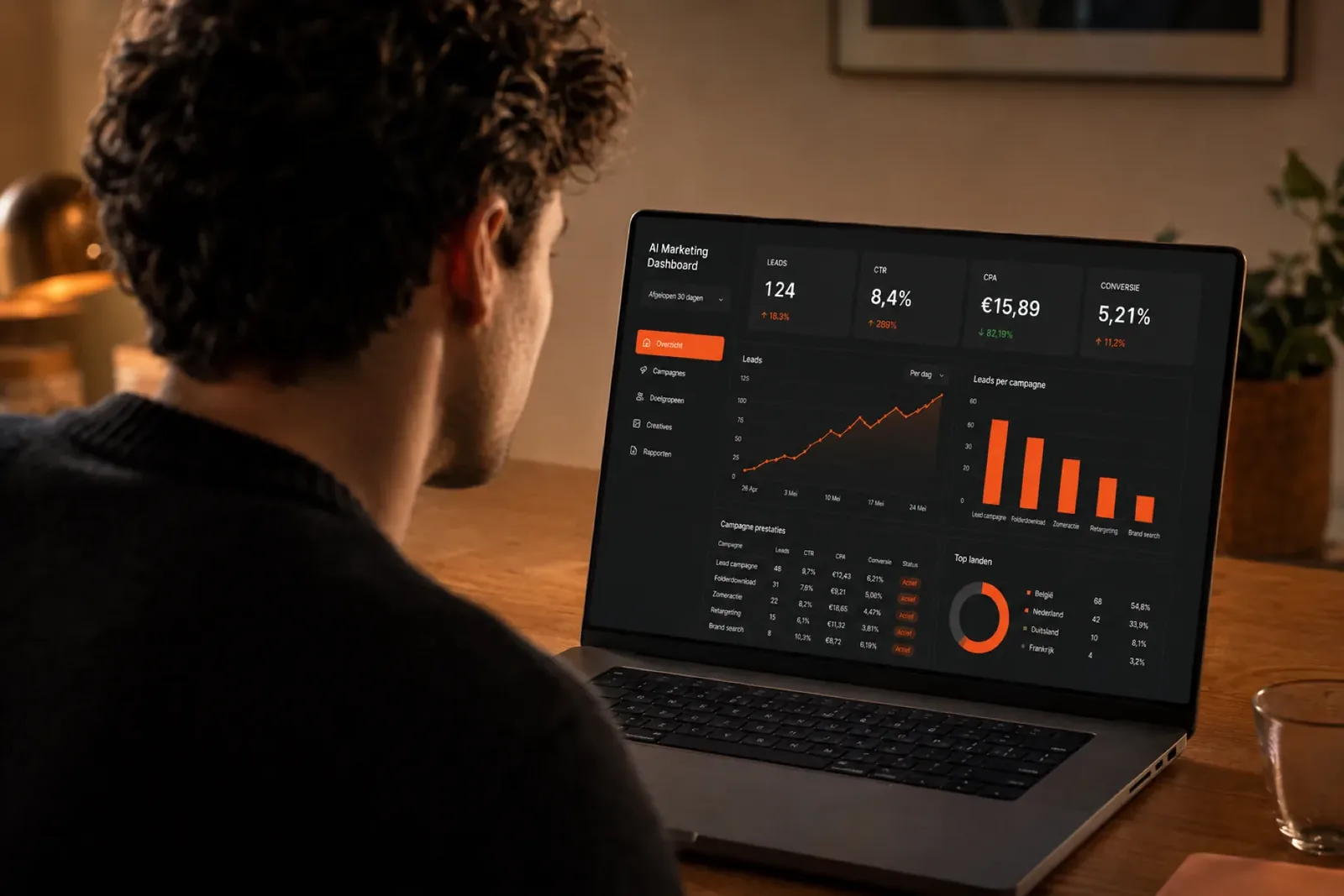 Arno overloopt de resultaten van een hotelcampagne op een AI-marketingdashboard